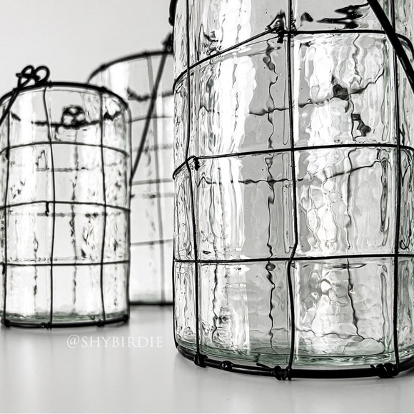 NEW Set of 3 Glass Lanterns with Black Wire Detail - Picture 5 of 12